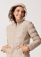 Beige leather look duck down puffer jackets