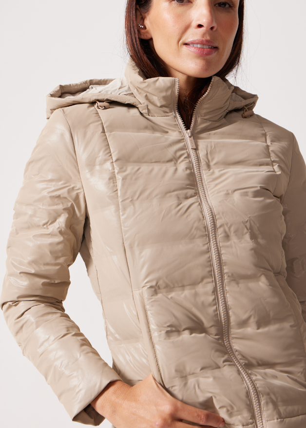 Beige leather look duck down puffer jackets